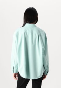 Camicia a maniche lunghe verde menta chiaro con collo a punta, polsini con bottone, vestibilità morbida e orlo curvo, realizzata in un tessuto liscio.