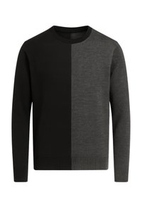 Maglione a maniche lunghe con collo rotondo, caratterizzato da un design a blocchi di colore in nero e grigio scuro. Texture a maglia con polsini e orlo a coste.