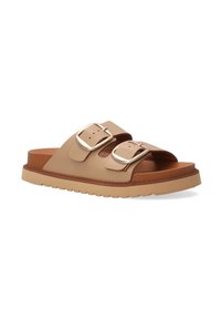 Beige læder slide sandal med to justerbare remme, sølv spænder og en brun polstret sål. Har en tekstureret tan gummisål.