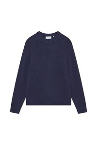 Navy blue knit sweater with a round neckline, ribbed accents at the collar and hem, and long sleeves. Soft texture and casual fit.