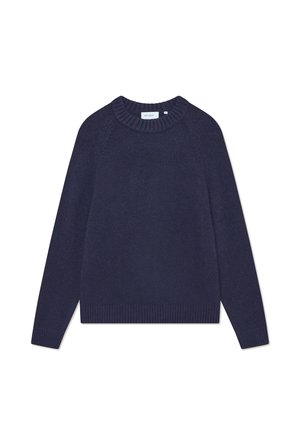 Navy blue knit sweater with a round neckline, ribbed accents at the collar and hem, and long sleeves. Soft texture and casual fit.