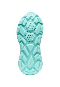 Sola in gomma turchese con modelli di grip testurizzati e fori d'aria, progettata per comfort e trazione su varie superfici.