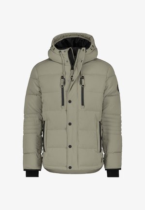 Helle beige Steppjacke mit Kapuze, schwarzen Akzenten, Druckknöpfen, zwei Fronttaschen und durchgehender Steppstruktur.