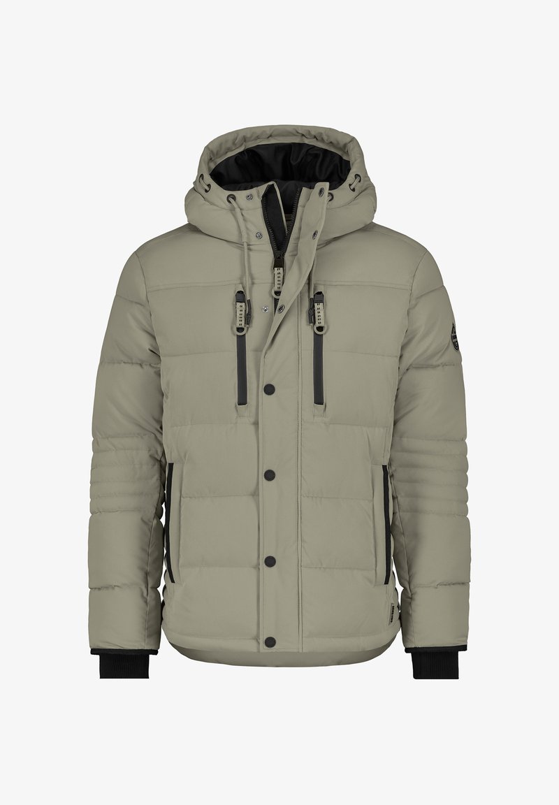 Light beige puffer jacket with a hood, featuring black accents, snap buttons, two front pockets, and quilted texture throughout.