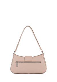 Borsa a tracolla in pelle rosa chiaro con una forma curva, una tasca frontale con cerniera e una tracolla rimovibile. Texture liscia con pochi dettagli in metallo.