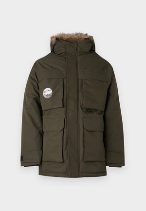 Olivgrüner Parka mit einer mit Fell gefütterten Kapuze, mehreren Fronttaschen und einem runden Logo-Patch. Glatte Textur mit einem strukturierten Design.