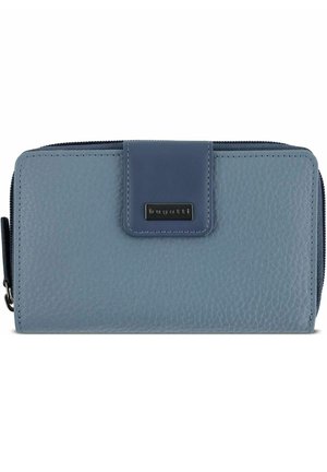 Blue leather wallet with textured surface, featuring a navy flap closure and silver brand logo. Zip-around design with visible stitching.