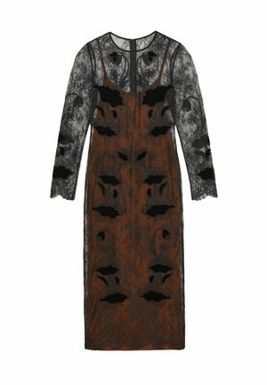 Must pitskleit pikkade varrukatega, millel on pruun alus ja lillemustriga lõiked. Tekstuuriga pitskattega ja laineliselt servaga detailid.