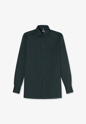 Dunkelgrünes, strukturiertes Hemd mit langen Ärmeln, Knopfleiste, Kragen und Brusttasche, flach auf weißem Hintergrund ausgelegt.