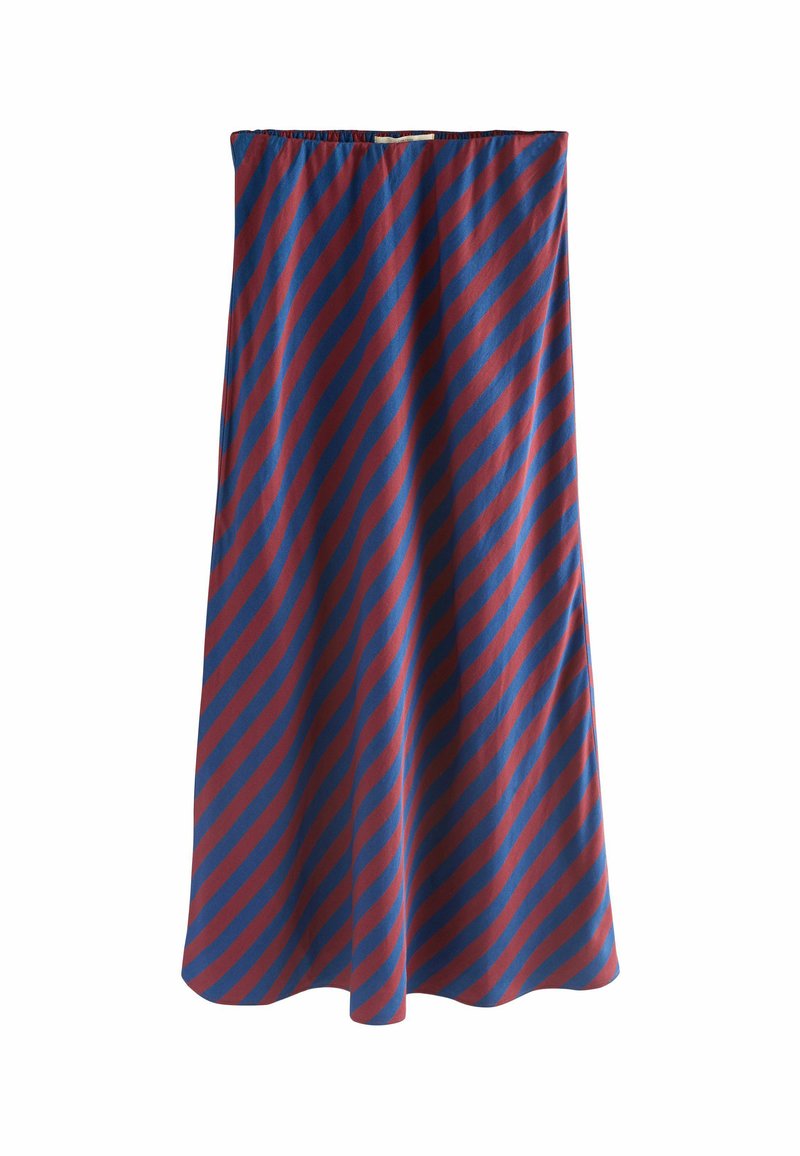 Jupe rayée rouge et bleue en tissu doux, dotée d'une taille élastique et d'un design fluide s'étendant jusqu'à mi-mollet.