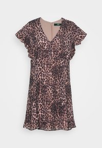 Vestido de estampado de leopardo en tonos de rosa y marrón. Presenta un escote en V, mangas acampanadas y una cremallera trasera. Material suave y fluido.