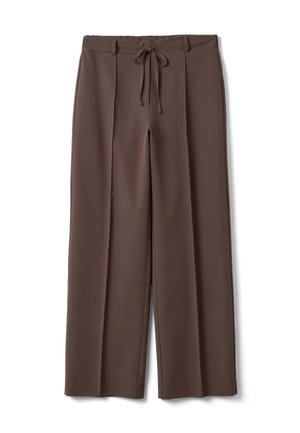 Brown wide-leg pants with front pleats and a drawstring waist detail, displayed flat on a white background.