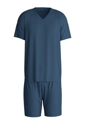 Il completo sportivo blu navy include una t-shirt a maniche corte con scollo a V e pantaloni corti abbinati. Realizzato in tessuto leggero e morbido, con un design semplice.