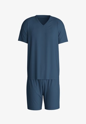 Il completo sportivo blu navy include una t-shirt a maniche corte con scollo a V e pantaloni corti abbinati. Realizzato in tessuto leggero e morbido, con un design semplice.