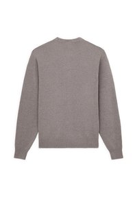 Maglione grigio con scollo rotondo, maniche lunghe, polsini e orlo a costine, realizzato in un tessuto morbido e caratterizzato da una superficie liscia. Vista posteriore mostrata.