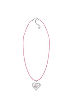 Rosa Schnur-Neklace mit einem silberfarbenen Herzanhänger, der einen zentralen rosa Edelstein und ein filigranes, ausgeschnittenes Blumenmuster aufweist.