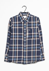 Marineblauwe en witte geruite button-up shirt, lange mouwen, met een borstzak met een geborduurd ontwerp en witte knopen.