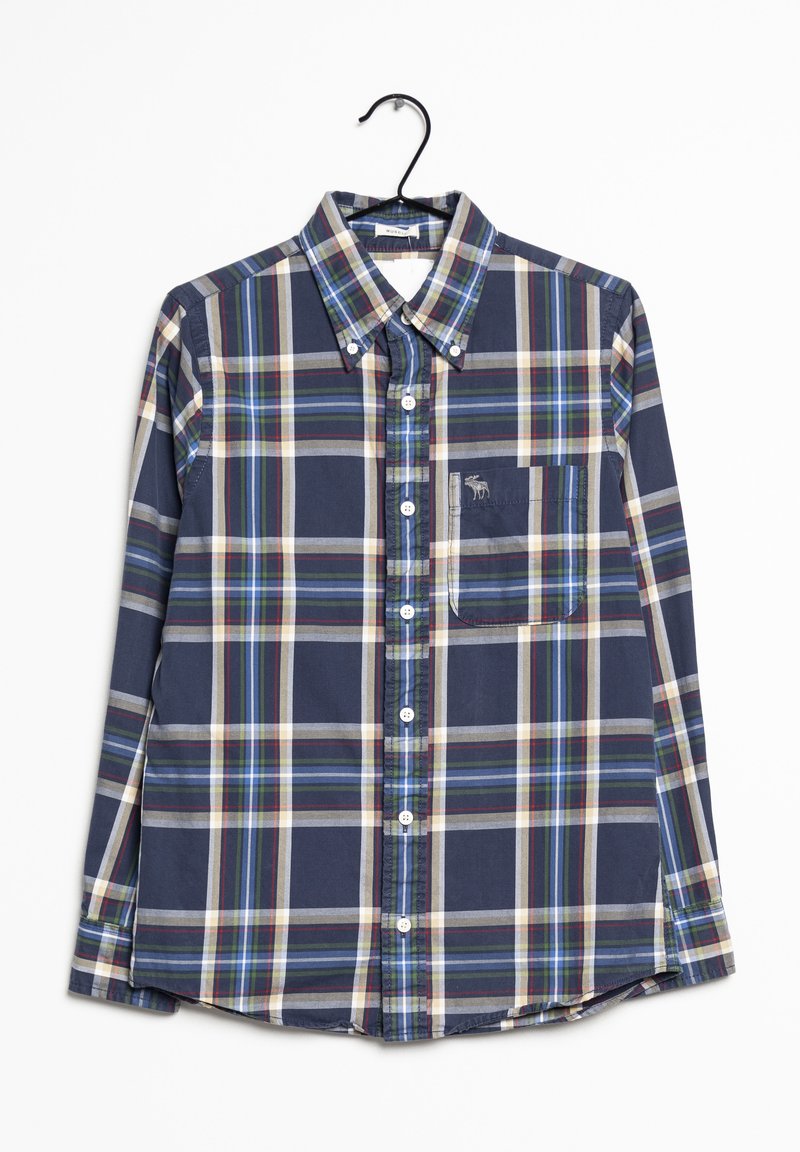 Marinblå och vit rutmönstrad skjorta med knappar, långa ärmar, med en bröstficka som har en broderad design och vita knappar.