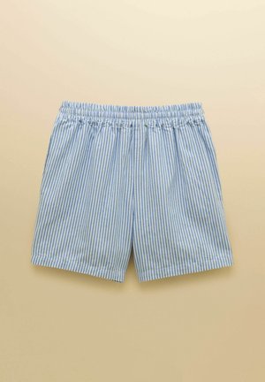 Lyseblå og hvide vertikalt stripede shorts med elastik i taljen lagt fladt ud på en beige overflade.