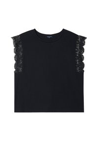 Svart T-shirt med kort ärm som har spetsdetaljer på ärmarna. Tillverkad av mjukt tyg med en klassisk rund halsringning. Minimalistisk design.