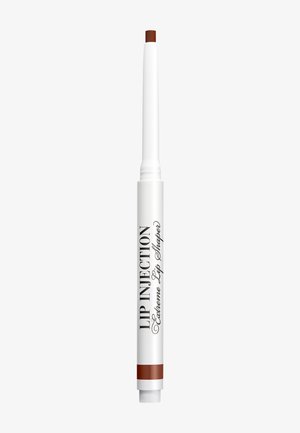 Inklapbare witte liplinerpotlood met bruine punt en dop, gelabeld "Lip Injection Extreme Lip Shaper."