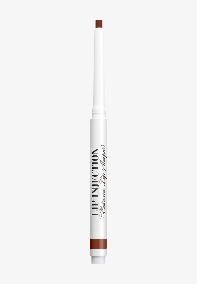Inklapbare witte liplinerpotlood met bruine punt en dop, gelabeld "Lip Injection Extreme Lip Shaper."