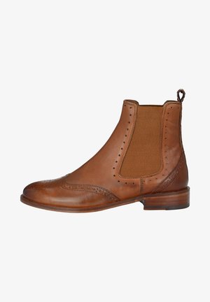 Brauner Leder Chelsea-Boot mit elastischen Seiteneinsätzen, Brogue-Verzierungen und einer Anziehhilfe. Verfügt über eine runde Zehenform und einen gestapelten Absatz.