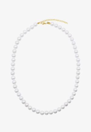 Collier en perles blanches avec des perles rondes, doté d'un fermoir couleur or et d'une chaîne ajustable pour personnaliser la longueur. Design classique et texture lisse.