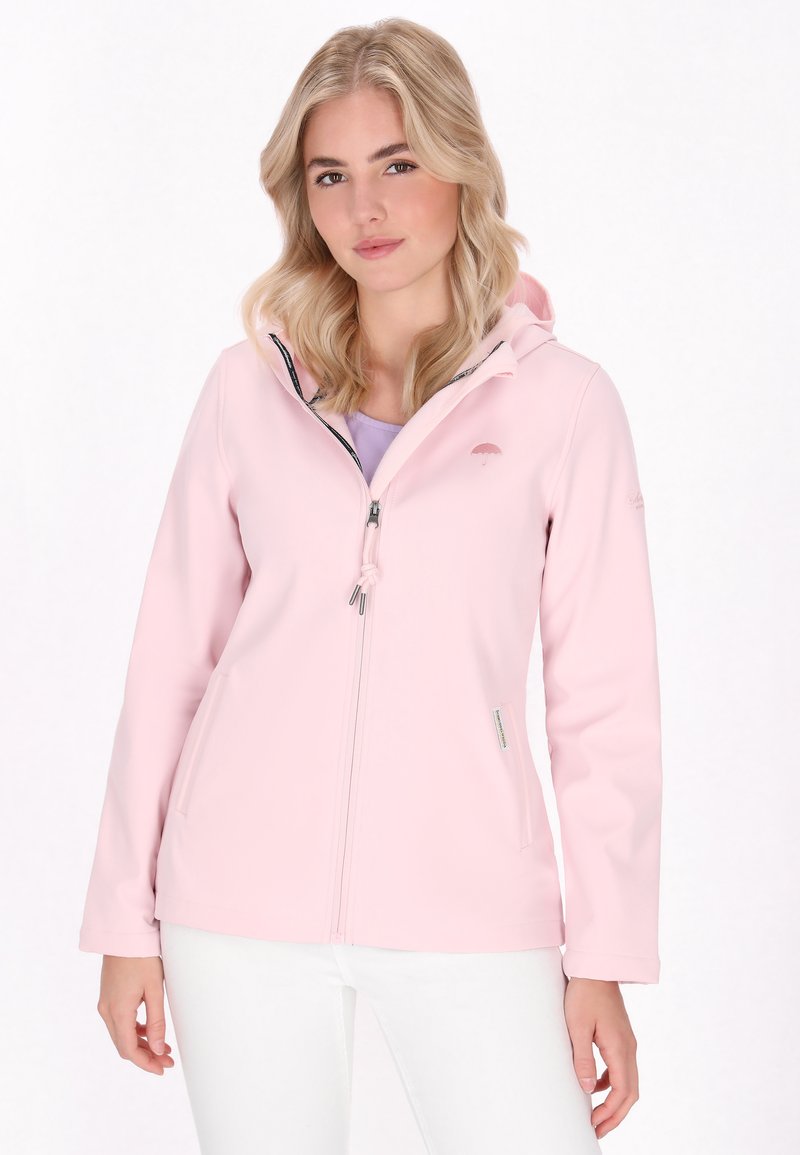 Svijetlopinkasta softshell jakna s kapuljačom, prednjim zatvaračem i dva bočna džepa. Sadrži mali logo kišobrana na prsima.