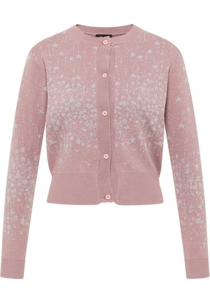 Cardigan a maglia rosa con scollatura arrotondata, chiusura a bottoni e motivo a macchie argentate. Presenta polsini e orlo a coste per texture e vestibilità.