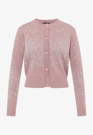 Cardigan tricotat roz cu guler rotund, închidere cu nasturi și model stropit cu argintiu. Prezintă manșete și tiv ribbate pentru textură și potrivire.