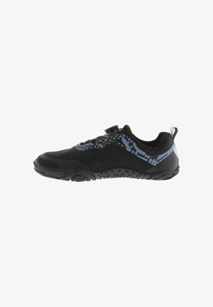 Black athletic shoe with textured sole, blue abstract patterned accents, and a round dial closure on the upper side.