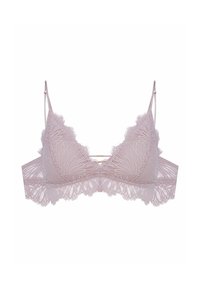 Koronkowy biustonosz bralette w jasnoróżowym kolorze z kwiatowym wzorem, falbankowymi krawędziami, cienkimi regulowanymi ramiączkami oraz dekoracyjnym złotym akcentem na środku.