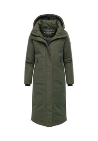 Lang mørkegrøn parka med hætte, lynlåse foran, sidelommer og ribbede manchetter. Udstyret med glat, isoleret stof og et elegant design.