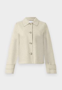 Lysebeige jakke i ullblanding med krage, fem-knappers frontlukking og strukturerte skuldre. Har lange ermer med mansjettdetaljer.