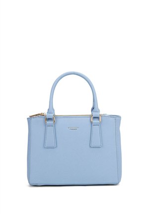 Blue synthetic leather handbag with top handles, gold zipper, and textured surface. Features a logo on the front and a compact rectangular shape.