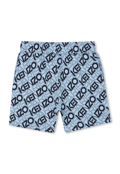 Lichtblauwe zwemshorts met een gedurfde herhalende patroon van het woord "KENZO" in donkerblauw. Het materiaal is glad en heeft een elastische tailleband.
