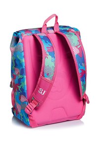 Zaino colorato con un corpo rosa e motivi astratti multicolori, spallacci imbottiti e una maniglia superiore per un facile trasporto.