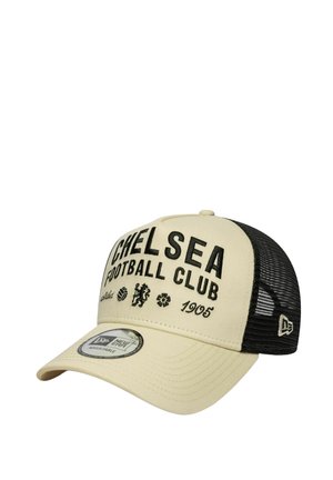 Beige und schwarze Mesh-Kappe mit "Chelsea Football Club" in Schwarz bestickt, zusammen mit den Vereinsymbolen und "1905" auf dem Frontpanel.