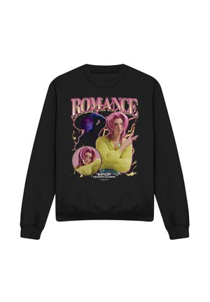 Schwarzer Sweatshirt mit farbenfrohem Motiv eines rosahaarigen Anime-Charakters, dem Wort "ROMANCE" und dem Text "K-POP Demon Hunters."