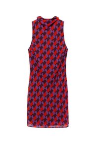 Ärmelloses Kleid mit einem geometrischen Rautenmuster in Rot, Lila und Lavendel. Leichter Stoff mit glatter Textur.