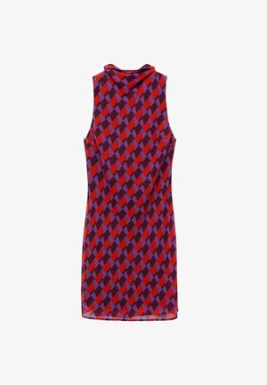 Haljina bez rukava s geometrijskim dijamantnim uzorkom u crvenoj, ljubičastoj i lavanda boji. Lagana tkanina s glatkom teksturom.