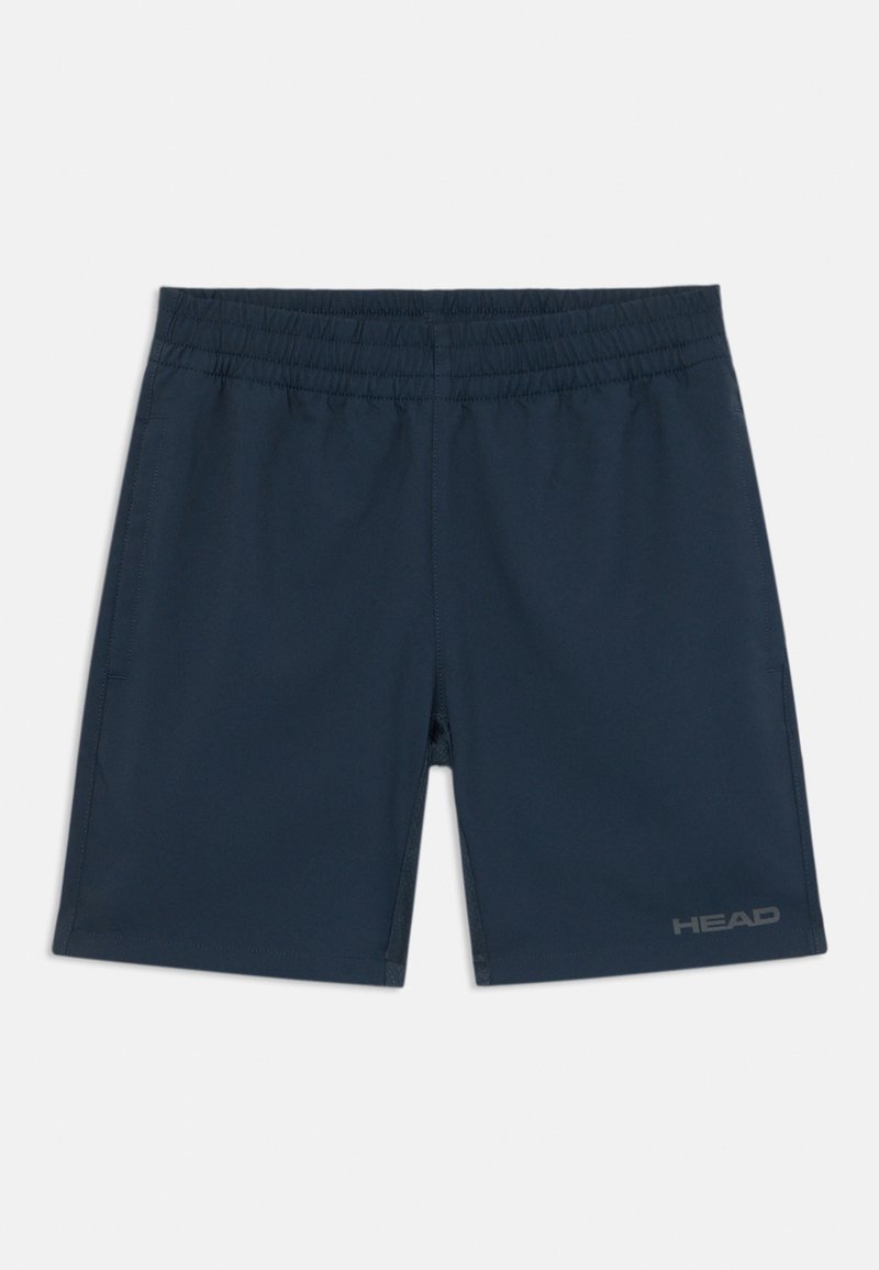 Marineblaue Sportshorts mit elastischem Bund, genähten Details und einem Logo am unteren linken Bein. Aus leichtem Material gefertigt.