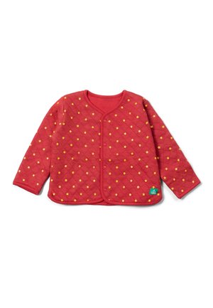 Red quilted jacket featuring a diamond pattern, embellished with small yellow stars. Includes a round neckline and front snap closure.