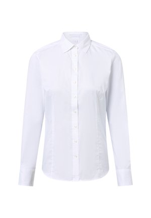 Weißes langärmeliges Hemd mit Knopfleiste, Kragen, tailliertem Schnitt und Manschetten, auf weißem Hintergrund dargestellt.