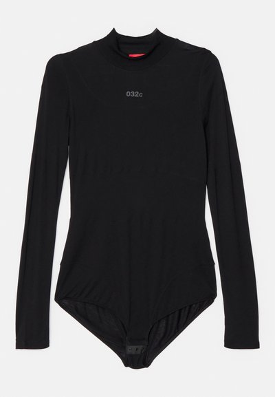 Black long-sleeve bodysuit made from stretchy fabric, featuring a high neckline, subtle branding on the chest, and snap closures at the bottom.