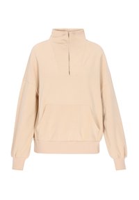 Beige pullovert-tröja med hög krage, halv dragkedja och framficka i känguru-stil. Har sänkta axlar och ribbade ärmslut.