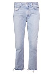 Ljusblå denimjeans med rak benform, slitna detaljer och fransad nederkant. Har klassisk femficksdesign och knappstängning.