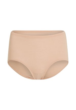 Beige, hoch taillierte Unterwäsche aus glattem Stoff mit nahtlosem Design, abgerundeten Beinöffnungen und elastischem Bund.