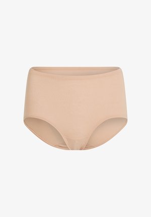 Beige, hoch taillierte Unterwäsche aus glattem Stoff mit nahtlosem Design, abgerundeten Beinöffnungen und elastischem Bund.